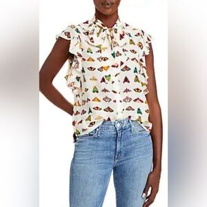 Alice + Olivia Robbie Butterfly Print Silk Bow Blouse Medium